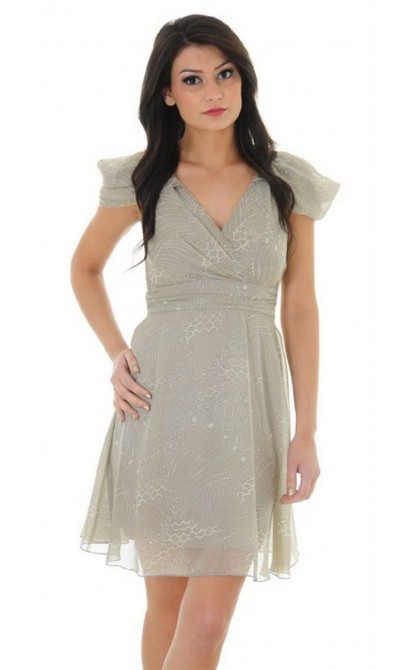 Pretty In Paisley Draped Shoulder Dress In Beige